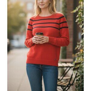 Nautica Red & Black Striped Cotton Sweater Small Womens 17 x24”
